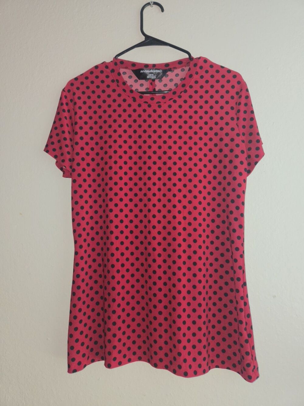 Norma Kamali Top Womens XL Red Black Polka Dot Short Sleeve Stretch T-Shirt